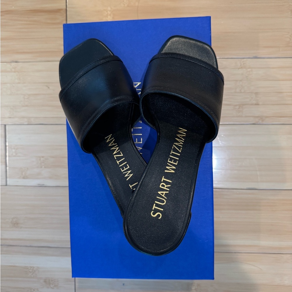 Stuart Weitzman Black Leather, Cayman Slide Sandals (never worn; mint condition)